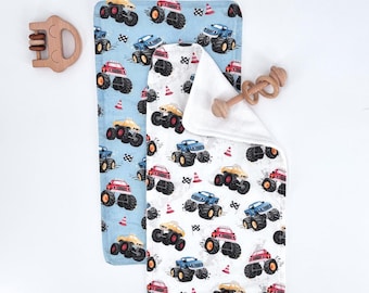 Baby Burp Cloth Cotton Rag Monster Truck Blue Design Newborn Present for Boys Nursery Decor Room Art Shower Gift Package Bundle Cotton Cloth