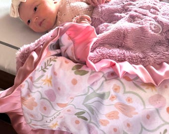 Cottage core vintage regency baby girl blanket personalized with satin ruffle edge heirloom quality baby girl gift vintage inspired motif