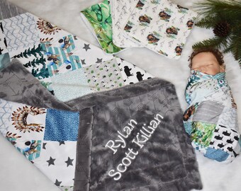 Buffalo Personalized Baby boy blanket Gift, Cactus Tribal baby boy minky Blanket, Knit Swaddle and Burp Cloth set- buffalo baby shower gift