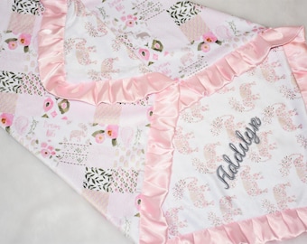 Pink Elephant Personalized blanket, baby girl minky baby blanket, Personalized Baby Gift, Pink baby blanket, Pink floral baby girl gift