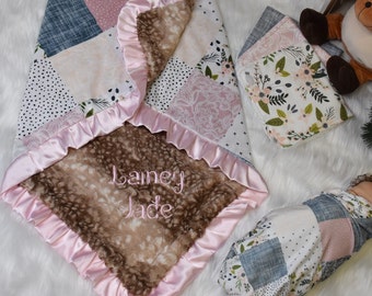 Floral Personalized baby gift, Woodland blanket, Girl Baby Gift, Fawn Minky Blanket, Deer blanket, knit swaddle, burp cloths, New Mom gift