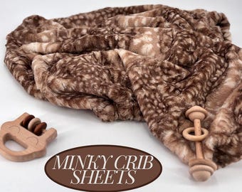 Fawn Crib Sheet Pack Play Cover Minky Fabric Woodland Nursery Bedding Taupe Baby Linen Deer Theme Forest Nature Design Animal Print