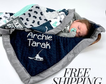 Personalized Hockey Blanket for Baby Boy Gift with Name Sports Present Nursery Decor Ice Room Team Gift Hockey Mom Shower Present Satin