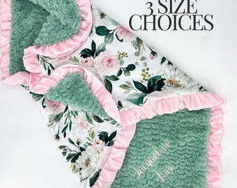 Customizable Baby Blanket Personalized Gift Plush Minky Floral Print Shower Newborn Soft Nursery Decor Satin Trim Ruffled Embroidered