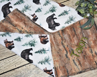 Personalized BEAR Woodland baby boy minky blanket woodland boy Baby Shower Gift Grizzly bear baby shower gift Forest animal baby gift