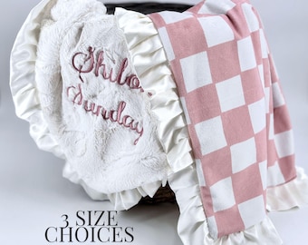 Baby Shower Gift Dusty Pink Nursery Satin Ruffle Baby Girl Blanket Personalized Name Embroidered Keepsake Newborn Photography Prop Toddler