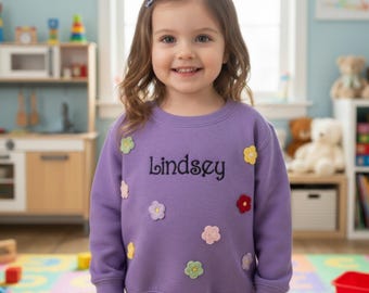 Toddler Flower Sweatshirt Custom Name Embroidered Pullover Cute Design Colorful Applique Hoodie Personalized Children Clothing Handmade