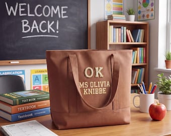 Personalized Teacher Name Tote Canvas Laptop Carrier Bag Embroidered Name Custom School Work Supply Organizer Heavy Duty Bookbag Large Book