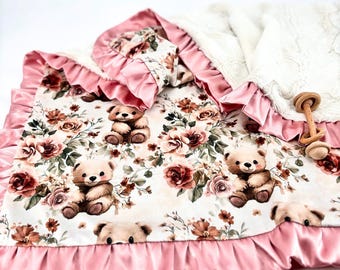Personalized Baby Blanket Teddy Bear Floral Print Pink Satin Trim Nursery Crib Bedding Custom Minky Throw Embroidered Infant Gift Baptism