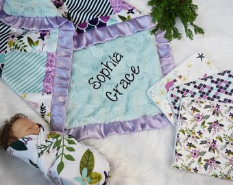 Personalized Baby girl gift- Mermaid Minky Baby Girl Blanket-Knit Swaddle Blanket- Boho burp cloths-floral baby girl gift-newborn baby gift