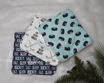 Blue Hockey Personalized baby boy shower gift- Ice Hockey Baby Boy burp cloth set-Sport baby gift-new mom gift-newborn baby gift with name