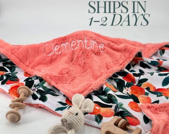 Personalized Baby Blanket Citrus Pattern Nursery Decor Custom Embroidered Orange Floral Minky Gift Soft Newborn Shower Present Infant