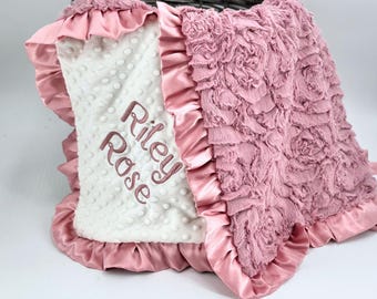 Pink Minky Blanket Satin Trim Baby Gift Personalized Name Embroidered Keepsake Nursery Swaddle Soft Security Blankie Custom Rose Textured