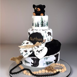 Personalized baby shower diaper cakes centerpieces, tier cakes unique baby gift for boy, Bear baby shower diaper cake for nursery decor