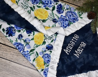 Boho Navy and Yellow Personalized Girl Baby blanket, Floral Baby Girl shower Gift; Floral Personalized baby gift, chunky baby girl blanket
