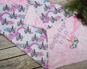 Personalized Unicorn Baby Girl Gift, Newborn baby girl Minky Blanket-Pink Rainbow unicorn personalized baby girl blanket