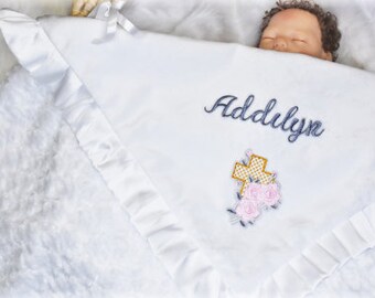 Personalized baptism blanket, minky baby blanket, baptismal blanket with satin, baptism gift girl, christening gift, gift from grandma