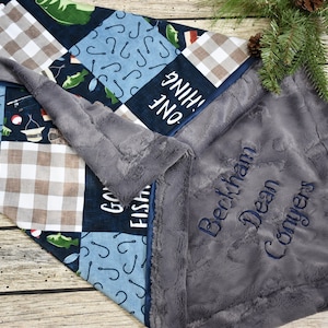 Cobertor de pesca personalizado para bebê menino, cobertor minky personalizado para bebê, pesca, roupa de cama para bebê, chá de bebê ao ar livre