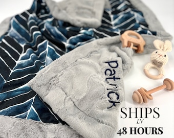 Personalized Chevron blue soft minky baby blanket gift for baby boy handmade custom name baby blanket for baby shower gift idea for boy