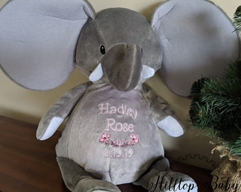 Personalized Elephant baby stuffed animal, birth announcement girl baby shower gift, customized stuffed animal