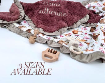 Personalized Baby Blanket Woodland Baby Shower Gift Custom Name Baby Gift Ruffle Trim Baby Girl Soft Minky Forest Theme Nursery Keepsake