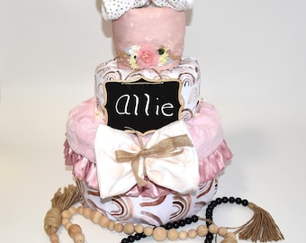 Personalized baby shower diaper cakes centerpieces, tier cakes unique baby gift for girl, Rainbow baby shower diaper cake for nursery decor