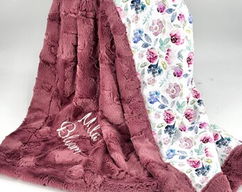 Personalized Baby Blanket with Name Embroidered Gift for Newborn Minky Wrap Comfort Item Nursery Decor Floral Design Custom Bedding Soft