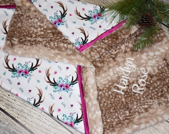 Personalized blanket Fawn minky blanket Deer Baby blanket baby girl deer blanket floral woodland fawn crib bedding Magenta Deer baby