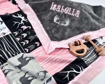 Personalized Baby Blanket Baby Shower Gift Idea Newborn Gift Baby Girl Nursery Decor Woodland Theme Deer Design Custom Embroidery Name