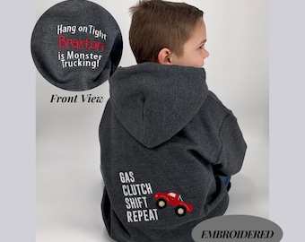 Personalized Boy Hoodie Monster Truck Birthday Gift Embroidered Design Custom Name Boy Sweatshirt Racing Theme Toddler Clothing Vehicle