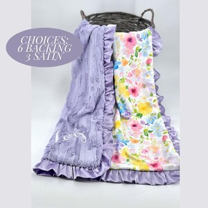 Minky Blanket Baby Gift for Nursery Bedding Set Custom Watercolor Floral Girl Shower Lavender Satin Trim Ruffle Edge Comfort Blankie Infant image 8
