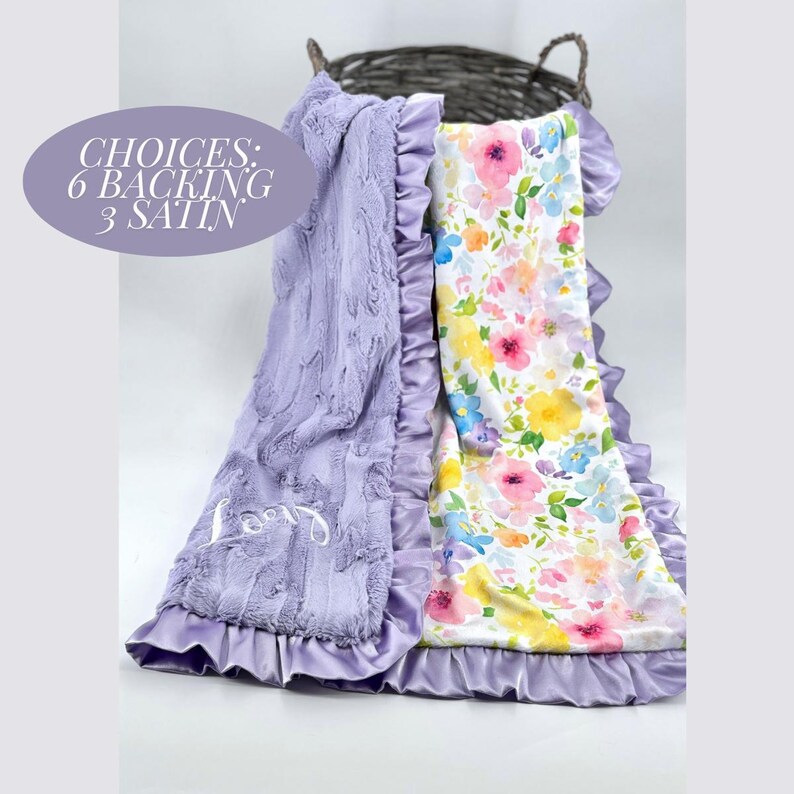 Minky Blanket Baby Gift for Nursery Bedding Set Custom Watercolor Floral Girl Shower Lavender Satin Trim Ruffle Edge Comfort Blankie Infant image 8