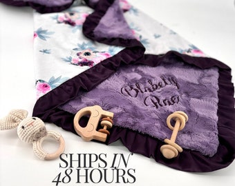 Personalized Purple floral baby blanket gift for baby girl minky baby blanket boho embroidered name blanket watercolor floral baby shower