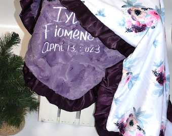 Personalized Purple Boho baby Gift, baby girl minky blanket, Purple baby blanket, Floral baby gift, Watercolor floral baby blanket