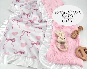 Personalized Pink Blanket for Newborn Nursery Gift for Baby Room Decor Baby blanket Hospital Newborn Comfort Stroller Gift Pink Bow Satin