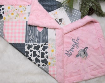 Personalized Pink Cow minky Blanket, Country baby Blanket-Love you till the Cows baby blanket, baby girl gift, Farm baby shower, cow nursery