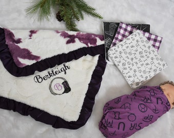 Personalized Western Baby Gift, Cowgirl Minky Baby girl blanket, Roping Cowhide Horse baby girl shower gift, Purple and Black baby gift