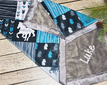 Western Teal personalized horse baby boy minky Blanket- cowboy baby shower gift, Personalized baby gift, Country Farm baby shower gift