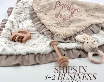 Personalized Minky Baby Blanket neutral with satin soft baby gift for girl nursery