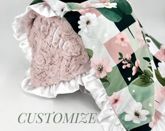 Green Check floral Baby girl Blanket Toddler Baby Girl Shower Gift sage gingham Blanket Boho vintage Pink Minky blanket Satin Trim handmade