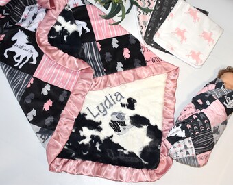 Pink and Gray Western Baby Girl Personalized Minky Blanket Gift set, Horse Baby Shower gift, Cowgirl baby gift, burp cloth, swaddle