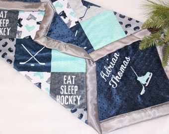 Personalized Ice Hockey Navy baby boy minky blanket shower gift- Navy, Mint, Gray Baby boy Personalized baby gift