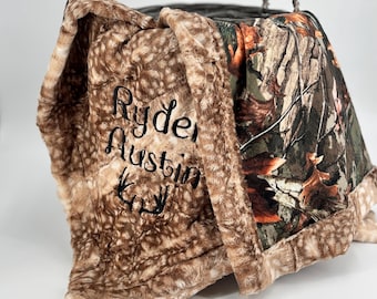 Personalized Camo Baby Blanket Minky Security Blanket Hunting Baby Shower Gift Custom Name Military Woodland Nursery Decor Boy Girl Gift