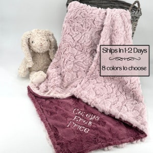 personalized pink baby blanket for a girl is a soft minky blanket available in 2 sizes.