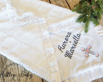 Personalized Baby Girl Baptism Blanket, all white baby blanket, girl baptismal gift, newborn girl shower gift, Pink Personalized Baby gift