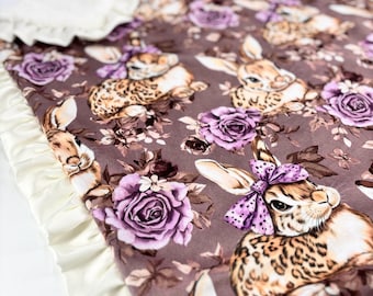 Personalized Bunny Blanket Baby Gift Nursery Accessory Custom Bedding Soft Fabric Satin Trim Ruffle Design Embroidered Name Newborn Wrap