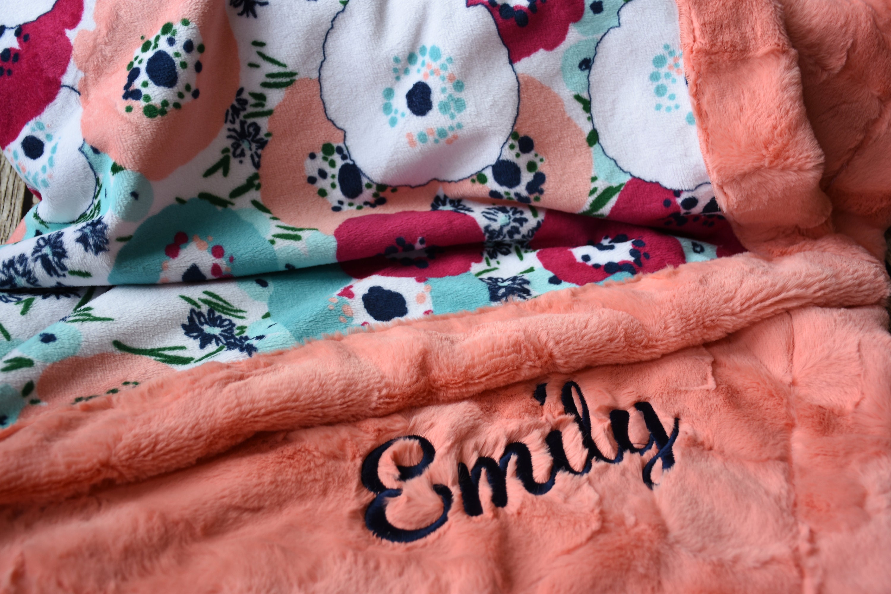 Personalized Baby Gift, Personalized Coral Floral Baby Girl minky Blanket, Boho baby girl