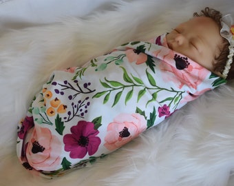 Knit Swaddle Blanket-Pink Watercolor Floral swaddle Baby Girl Blanket- Pink Boho Baby girl shower gift