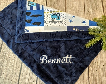 Personalized Blue Train Baby boy Minky Blanket, Train baby boy shower gift, Choo choo train Personalized baby gift