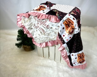 Personalized Baby Minky blanket-Highland Cow baby girl-Country baby,  Highland cow baby quilt Personalized baby gift, highland cows nursery